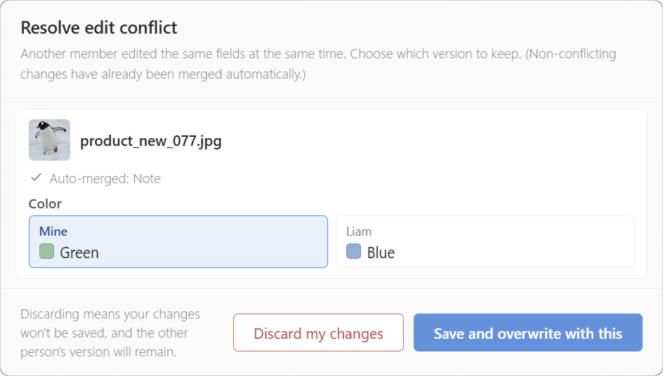 Conflict resolution dialog comparing your change and a teammate's, choosing which to keep
