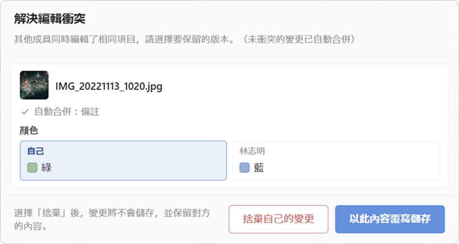解決編輯衝突的對話框。並排顯示自己與對方的變更,選擇要保留的一方