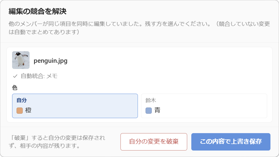 編集の競合を解決するダイアログ。自分と相手の変更を並べて、残す方を選択
