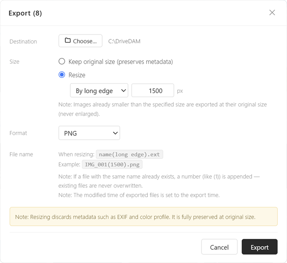 Export dialog: choosing between original size and resize, exporting 12 files at once