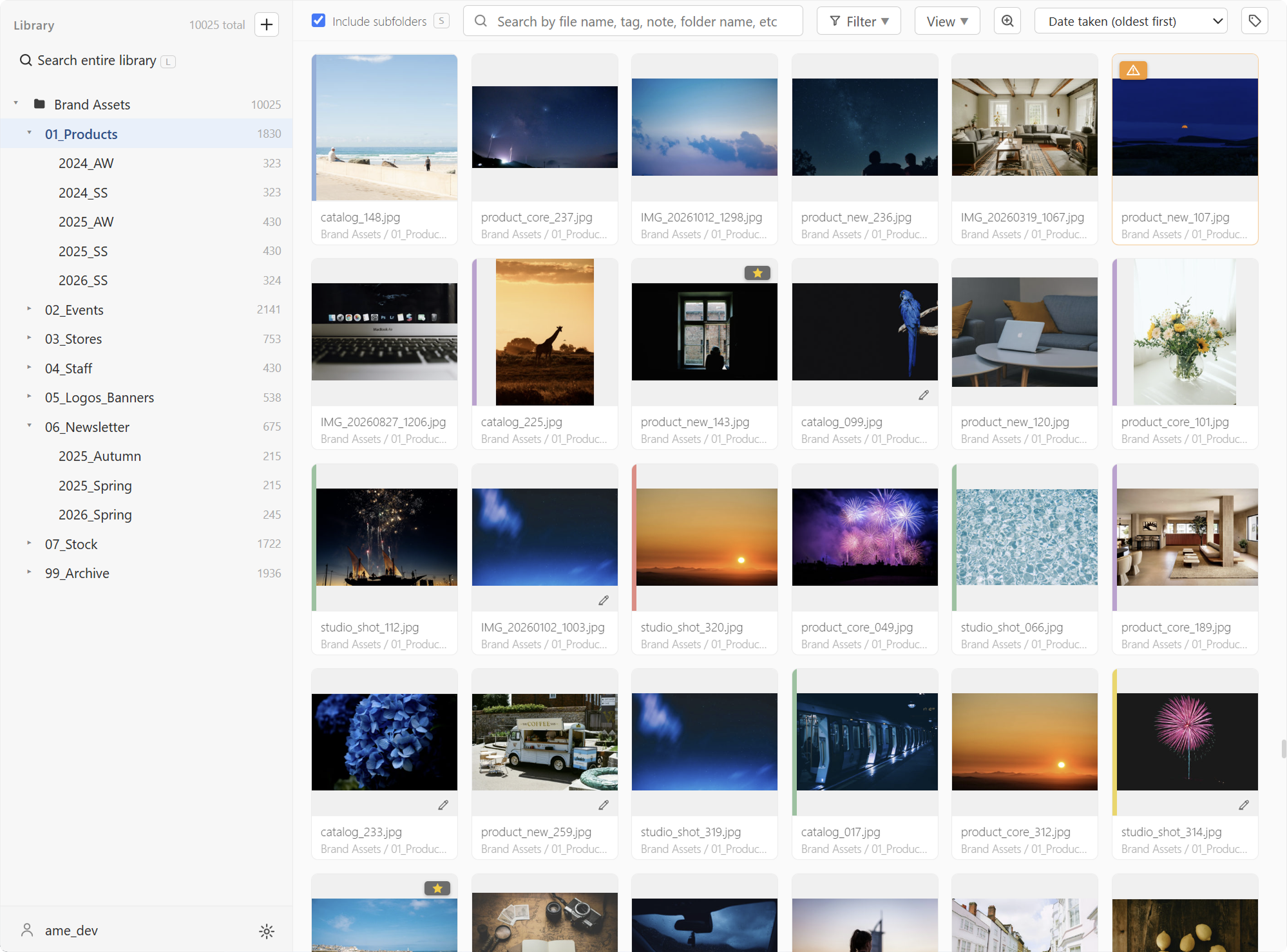 "Include subfolders" turned on, listing the contents of subfolders together