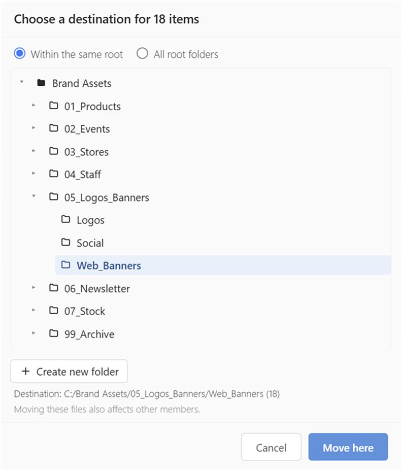 Move dialog: choosing a destination from the folder tree; moves are reflected for other members