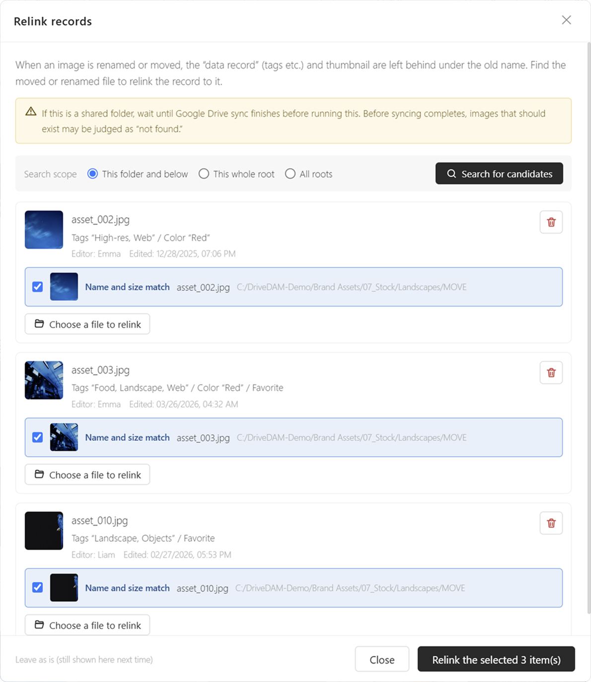 Relink records dialog listing candidate files for a moved or renamed file, each with a match confidence label