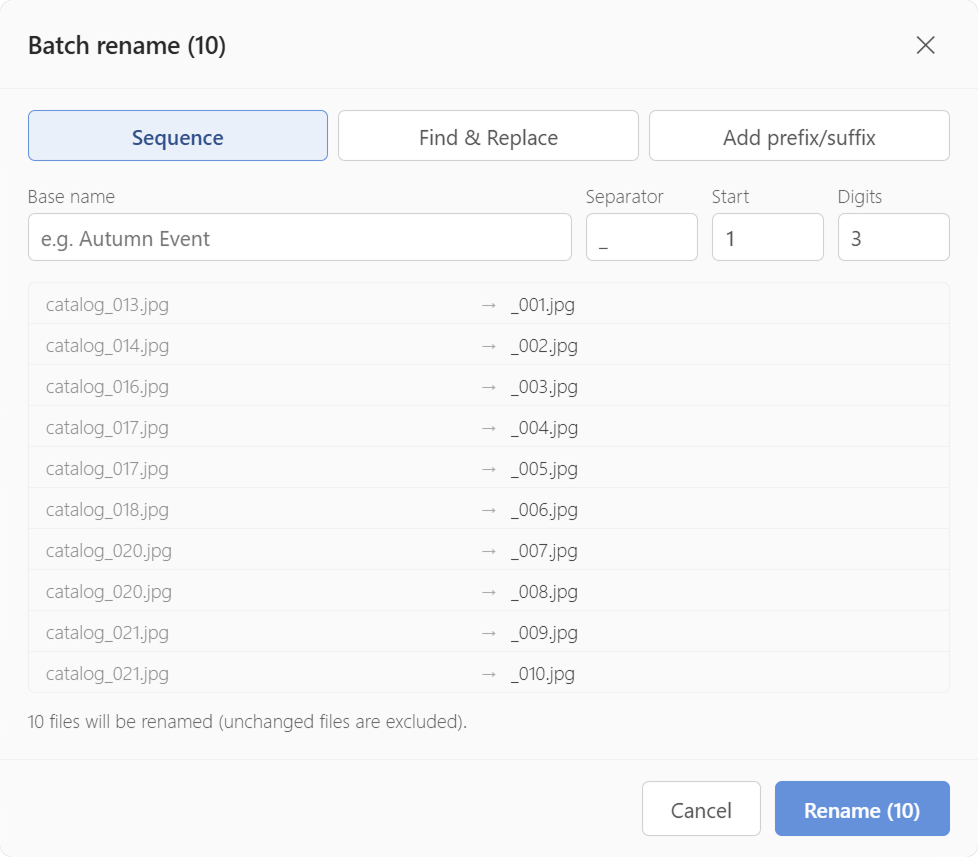 Batch rename dialog with tabs for sequential numbers, find & replace, and add before/after, plus a preview list of the new names