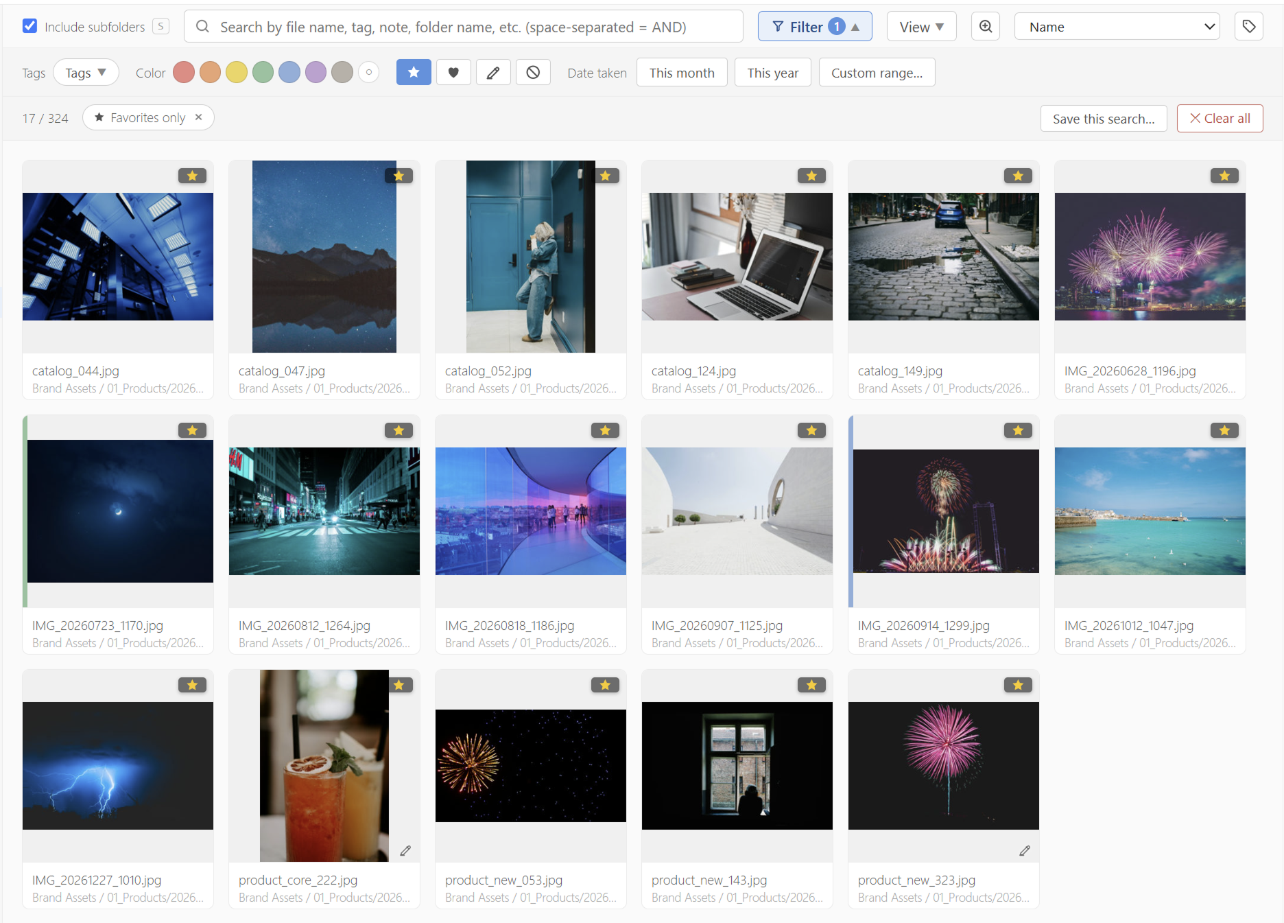 Filter panel expanded, narrowing the whole library from 9,974 files down to 282 favorites