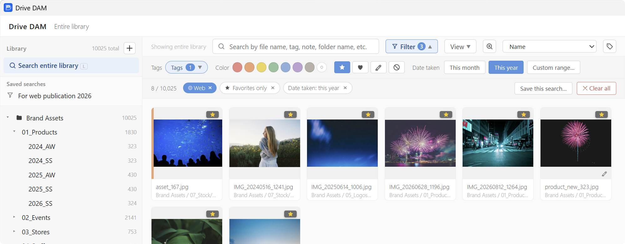 A saved search being recalled, narrowing to 6 files with three conditions: tag, favorite, and shoot date