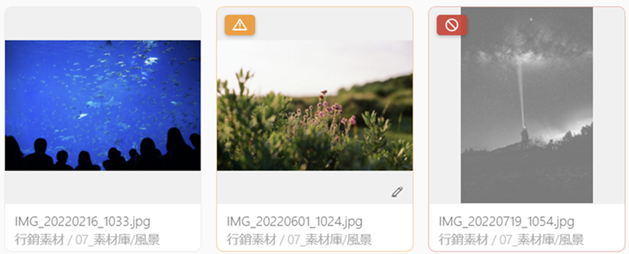 附有使用限制徽章的 3 張縮圖。可一眼看出需授權、不可使用等狀態