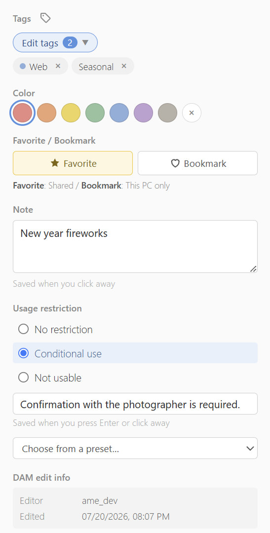 Details panel: tags, color, favorite, notes, usage restrictions, plus editor and edit date